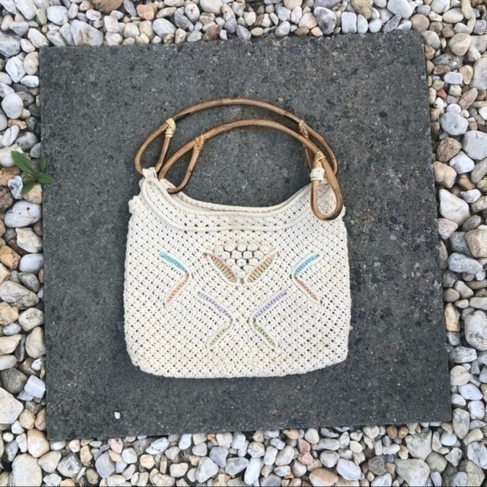 Vintage, crochet Macramé bag with Raton handles